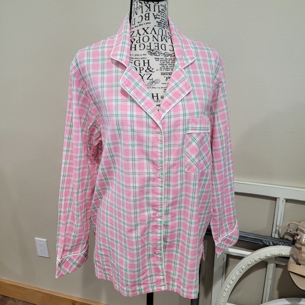 Victoria's Secret Women SZ M button front pink cotton plaid top/sleep top NWT